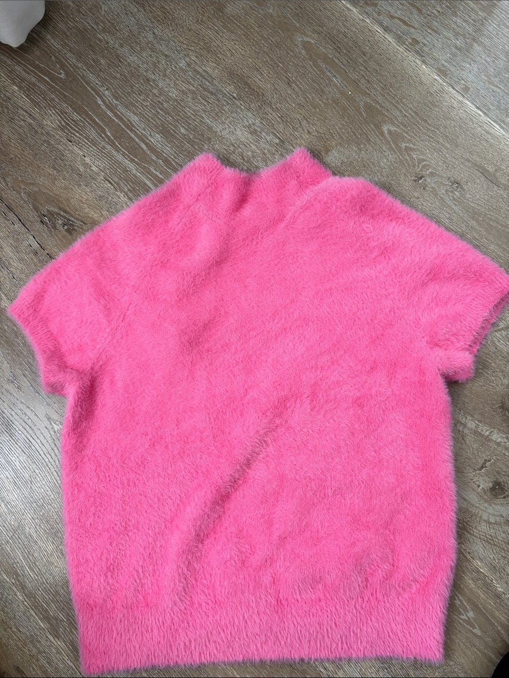 Soft Short-Sleeve Pink Fuzzy Sweater with keyhole opening at back